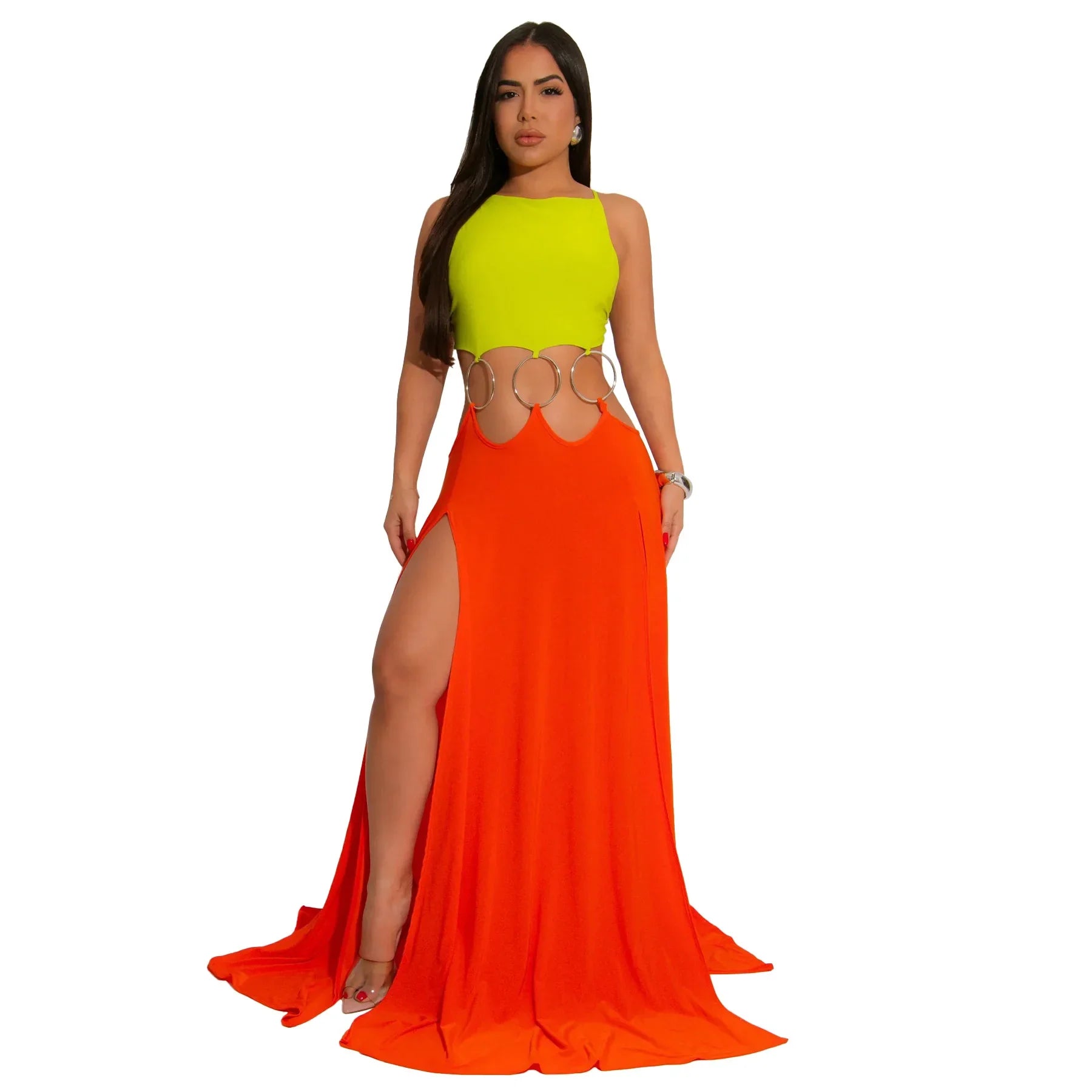 CM.YAYA Women Strap Backless Big Swing Split Maxi Long Dress 2025 Hollow Out Birthday Sexy Club Party Evening Dresses Vestidos Orange