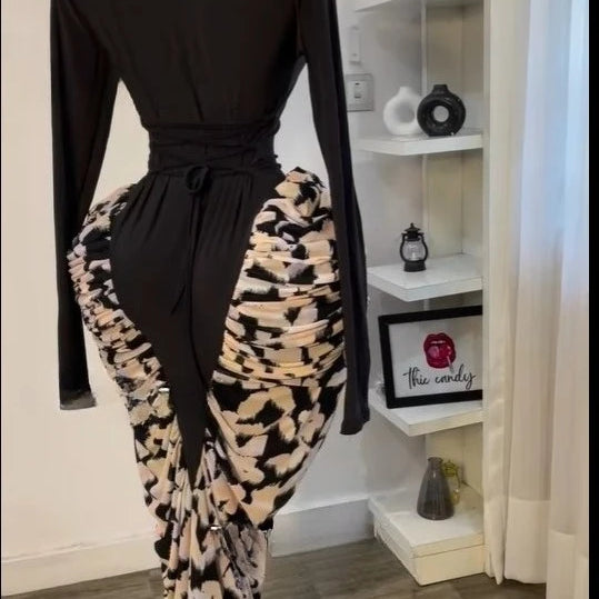 CM.YAYA Women Print Patchwork Stacked Ruched Long Sleeve Bodycon Midi Maxi Long Dress 2025 Birthday Vacation Sexy Party Dresses