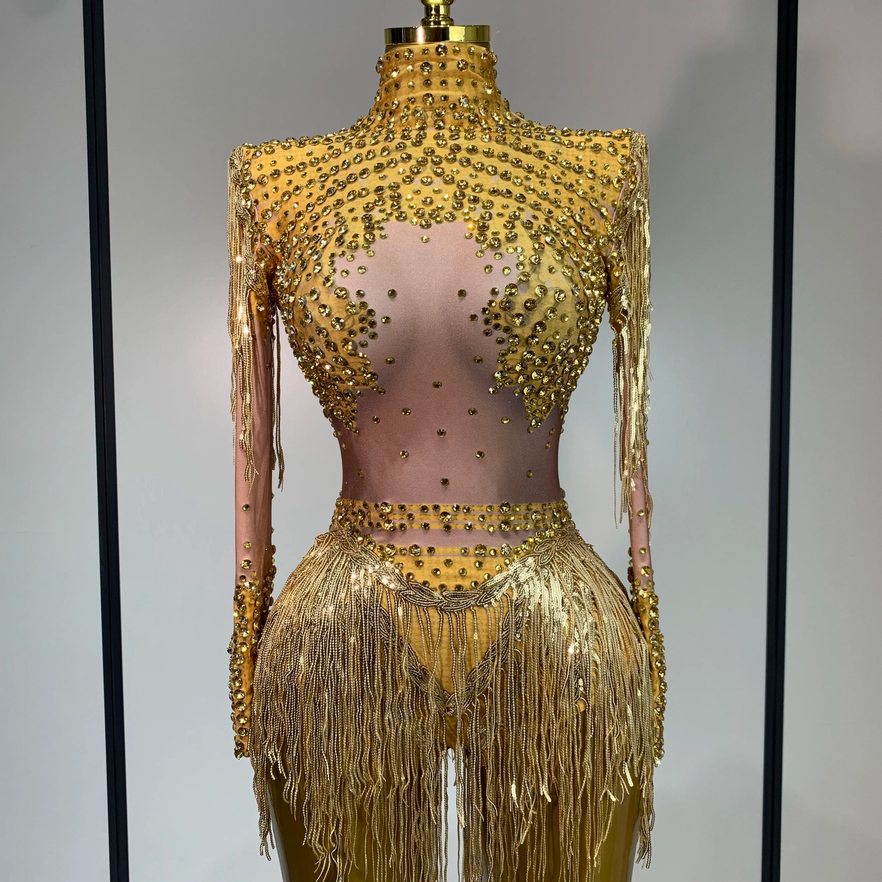 Women Long Sleeve Sexy Shinning Tassels Rhinestone Bodycon Bodysuit High Stretch Bar Dancer Nightclub Stage Wear Birthday Outfit