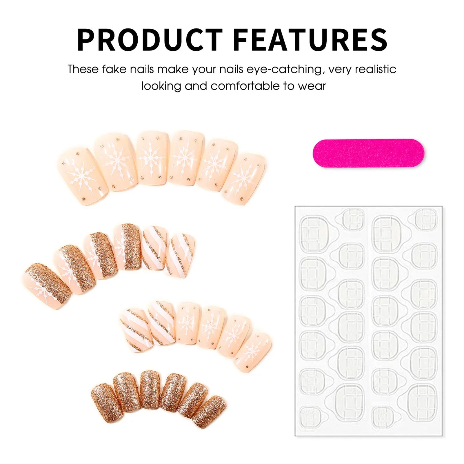 24Pcs Gold Sequins Fake Nails Nude Color Short Square Press On Nails Snowflake Printed Women Christmas Party False Nails Art