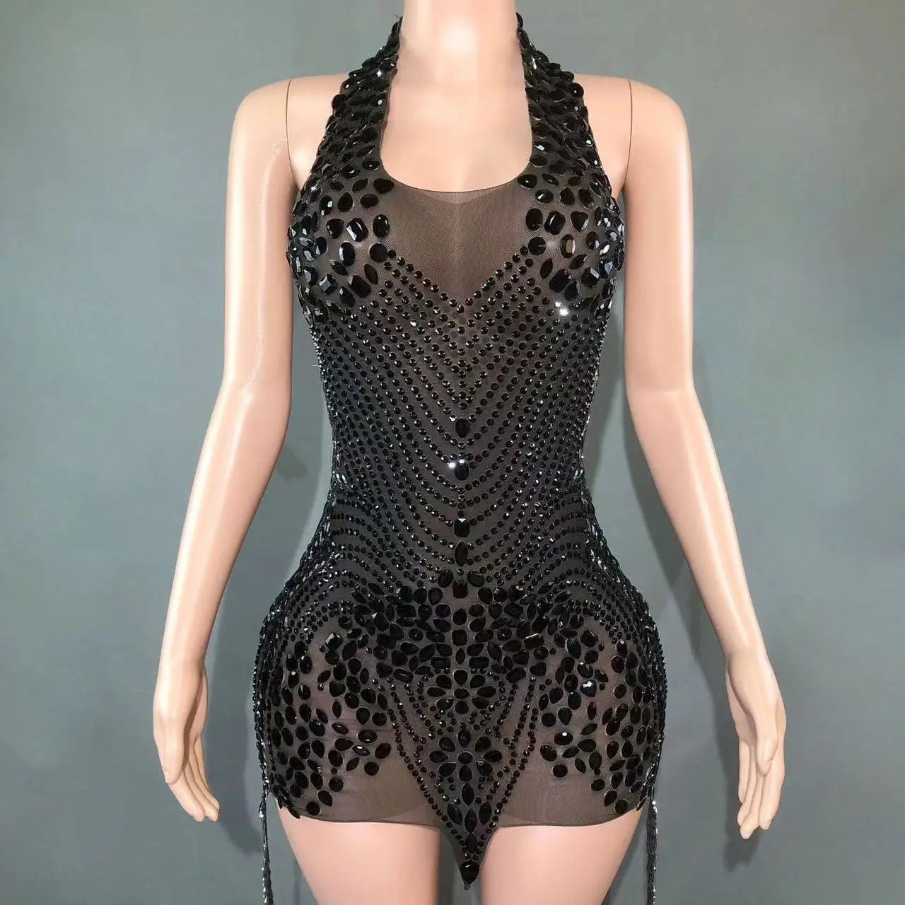 Sparkly Rhinestones Evening Prom Celebrate Birthday Dress Sexy Halter Backless Mesh Velvet Short Dress Performance Stage Wear