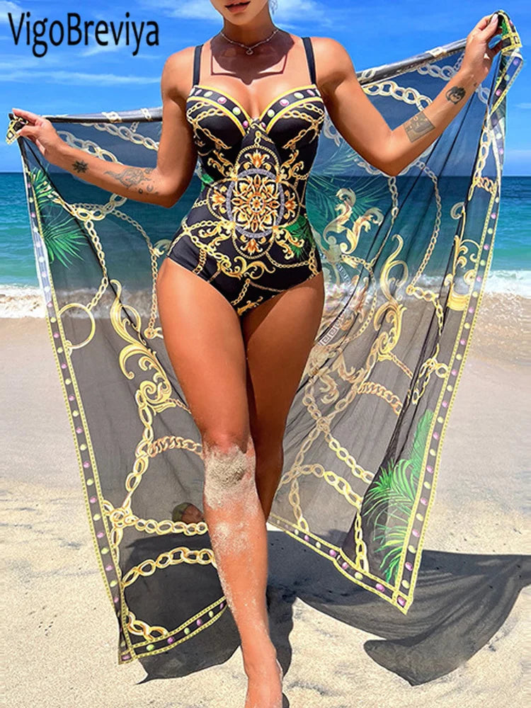 VigoBeviya Sexy Print Strapped 2 Piece Swimwear Women Strapped Push UP One Piece Swimsuit Monokini Backless Bathing Suit