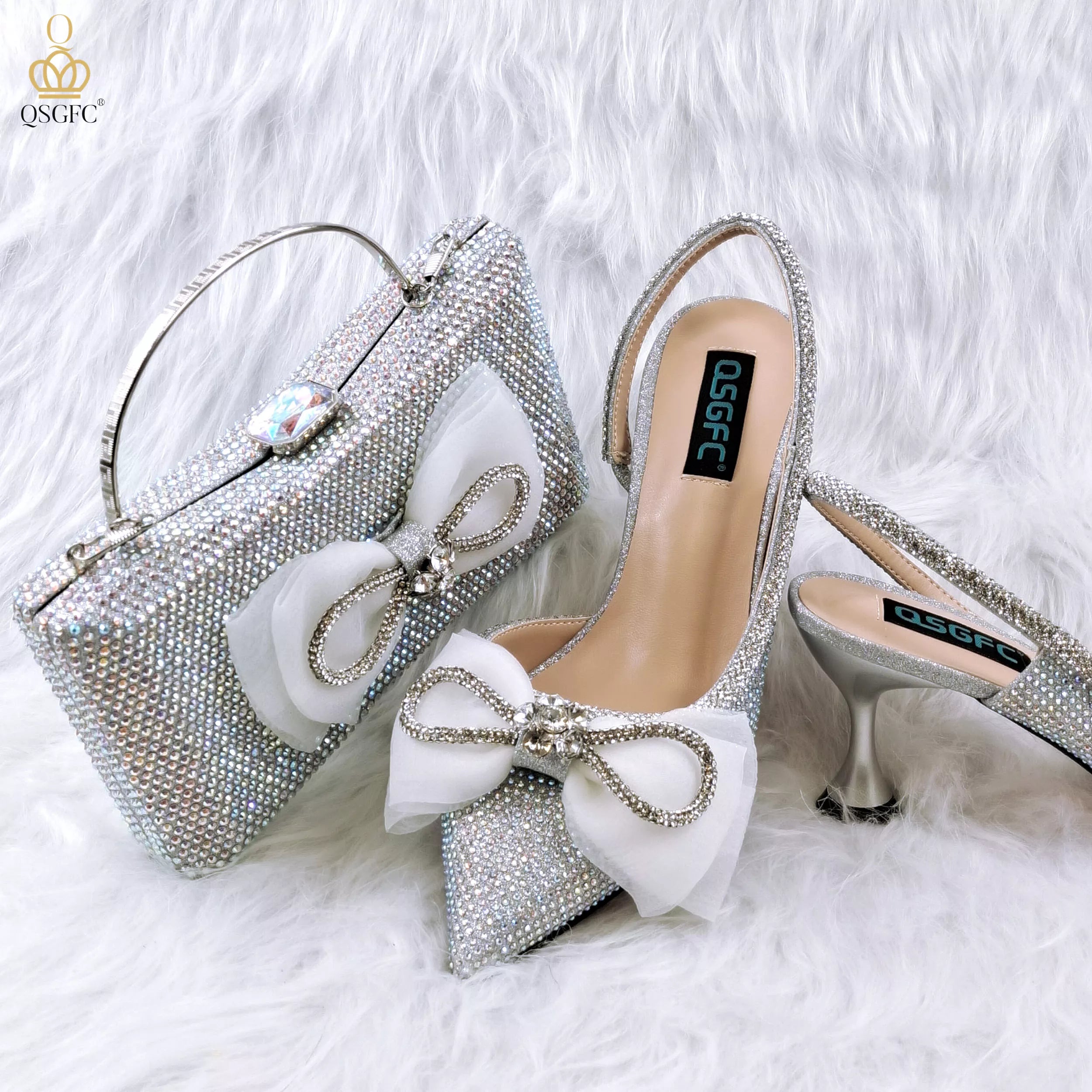 Style Rhinestone Bow Side Empty Party High Heels Pointed Toe Stiletto Heels Silver Women's Shoes And Bags