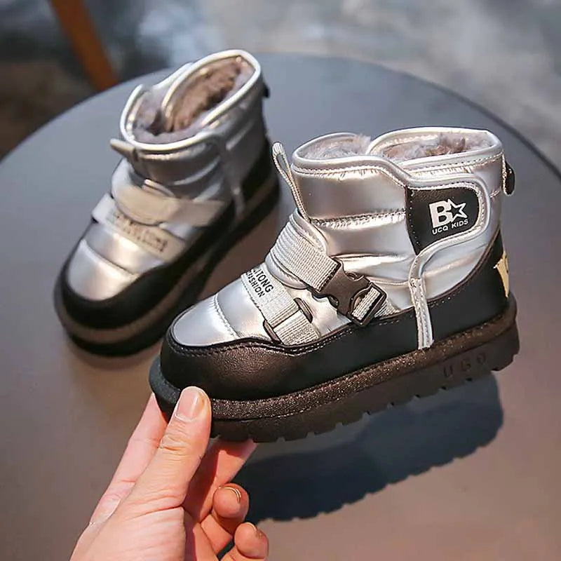 Children Snow Boots Winter Plus Cashmere Thicken Warm Boys Boots Girls Waterproof Outdoor Boots Kids Non-slip Hook Shoes Casual Silver