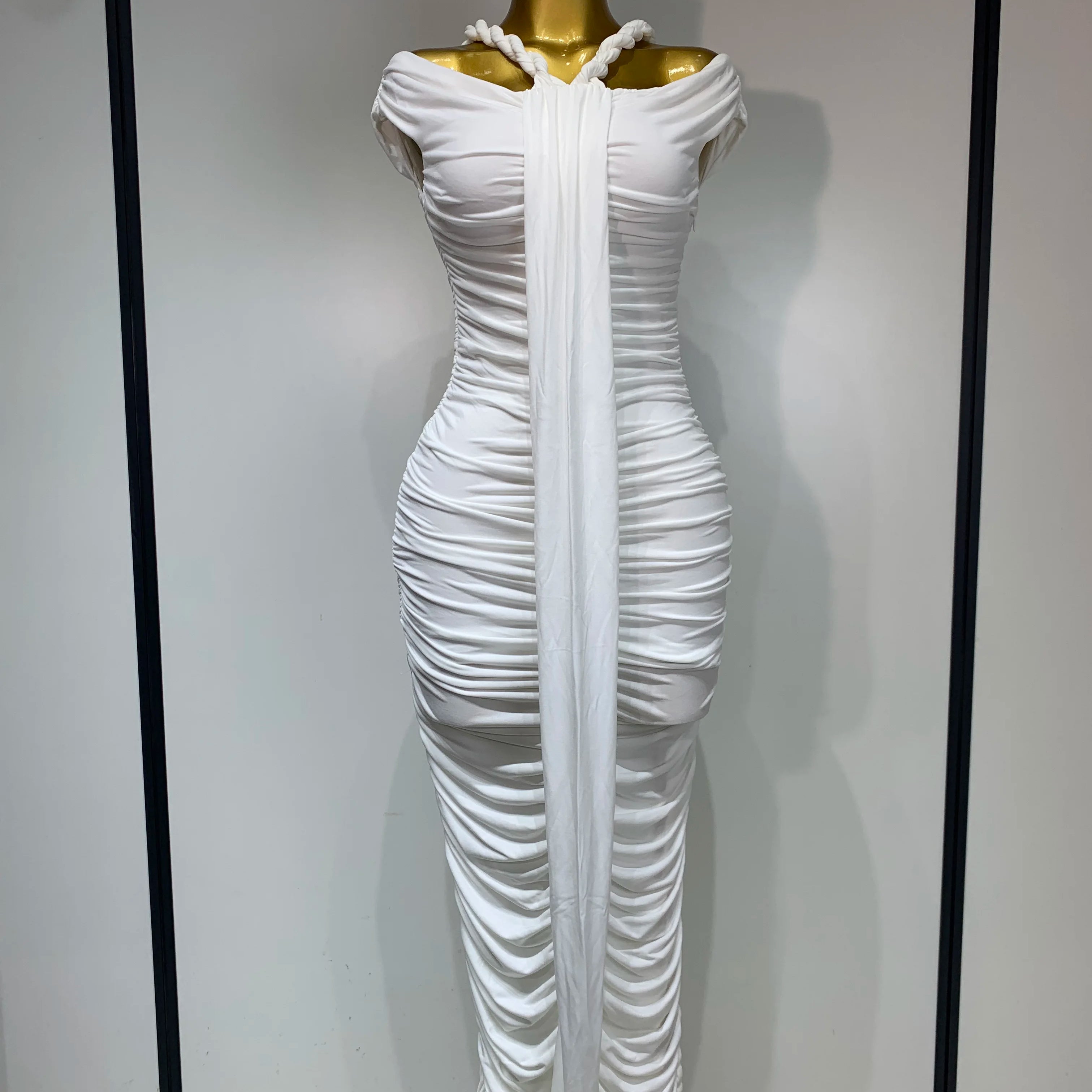 2025 New Arrival White Women Sexy Off Shoulder Bodycon Mesh Long Dress Nightclub Party Evening Fashion Birthday Dress Vestido