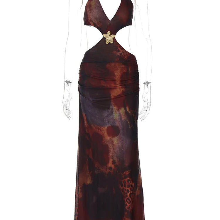 Halter Deep V Neck Print Sexy Maxi Dress For Women Gown Summer Hollow Out Sleeveless Backless Beach Long Dress