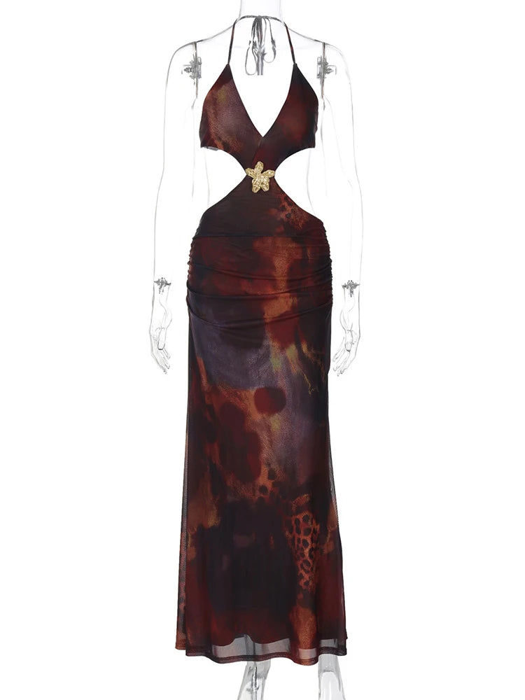 Halter Deep V Neck Print Sexy Maxi Dress For Women Gown Summer Hollow Out Sleeveless Backless Beach Long Dress