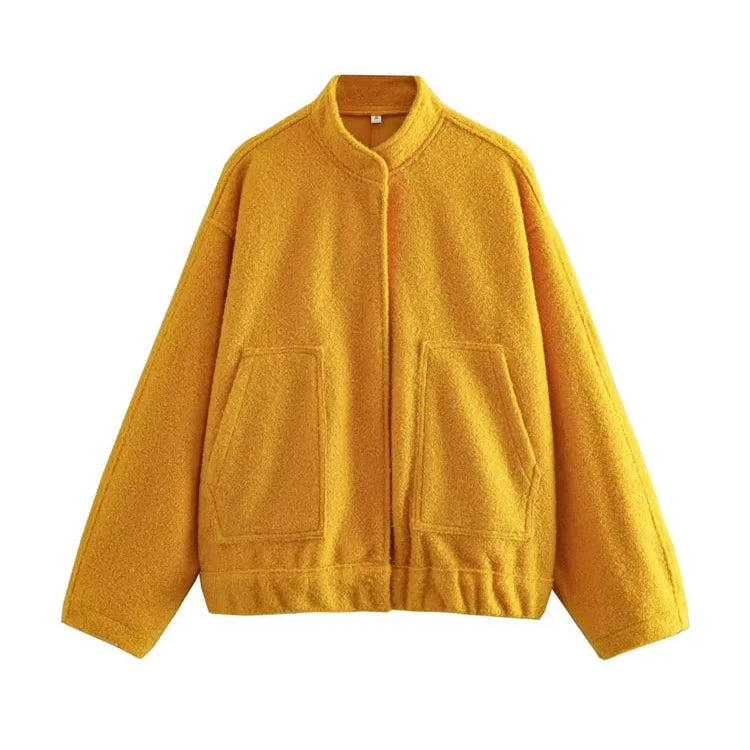 Women Fashion With Pockets Oversized Bomber Jacket Coat Vintage Long Sleeve Snap Button Female Outerwear Chic Tops as picture 6