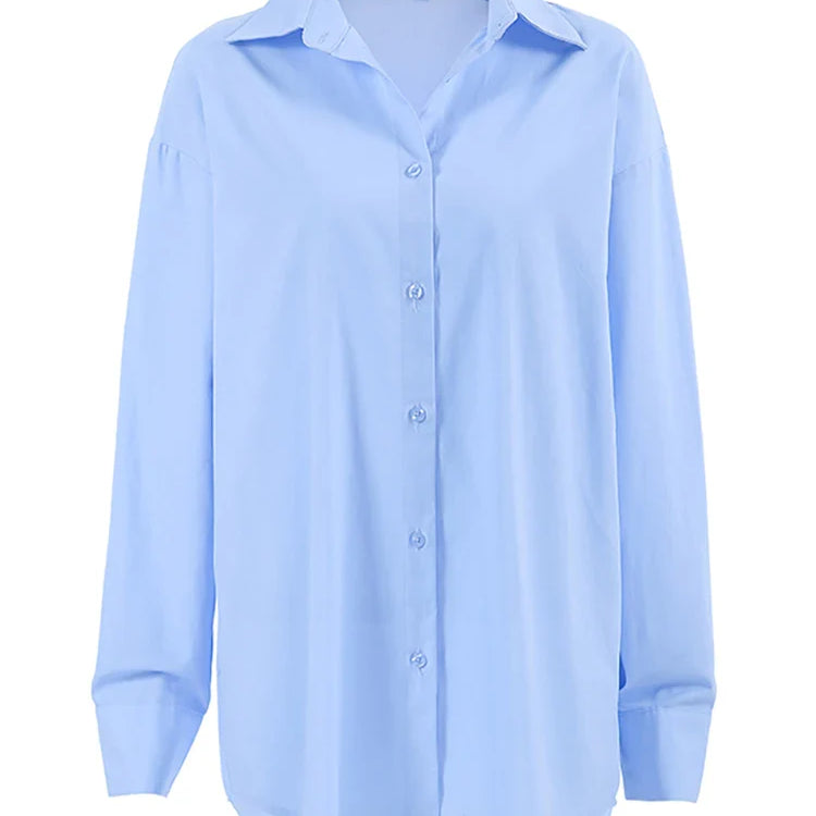 OOTN Blue Elegant Women's Cotton Linen Shirts Autumn Turn Down Collar Button Blouses And Tops Office Ladies Long Sleeves