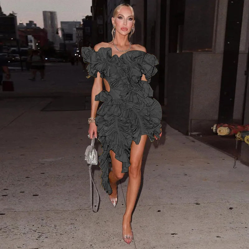 CM.YAYA Women Edible Tree Fungus Tierred High Low Asymmetrical Ball Gown Dress 2023 Sexy Club Party Evening High Street Dresses