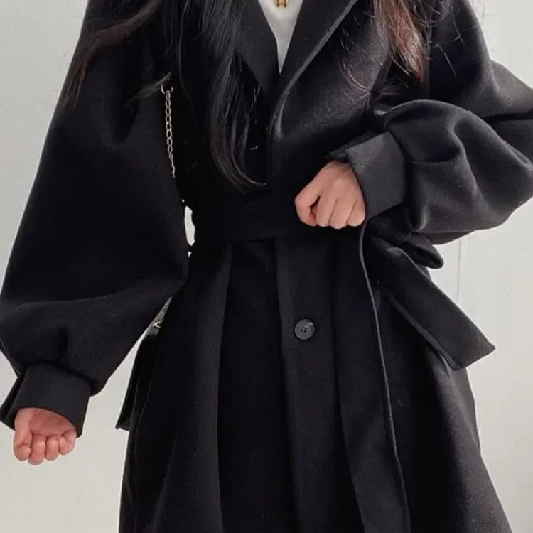 Thick Female Trench Warm Jackets Turn-down Collar Long Puff Sleeve Clothes Autumn Elegant Belt Coat Women Chic Midi Top