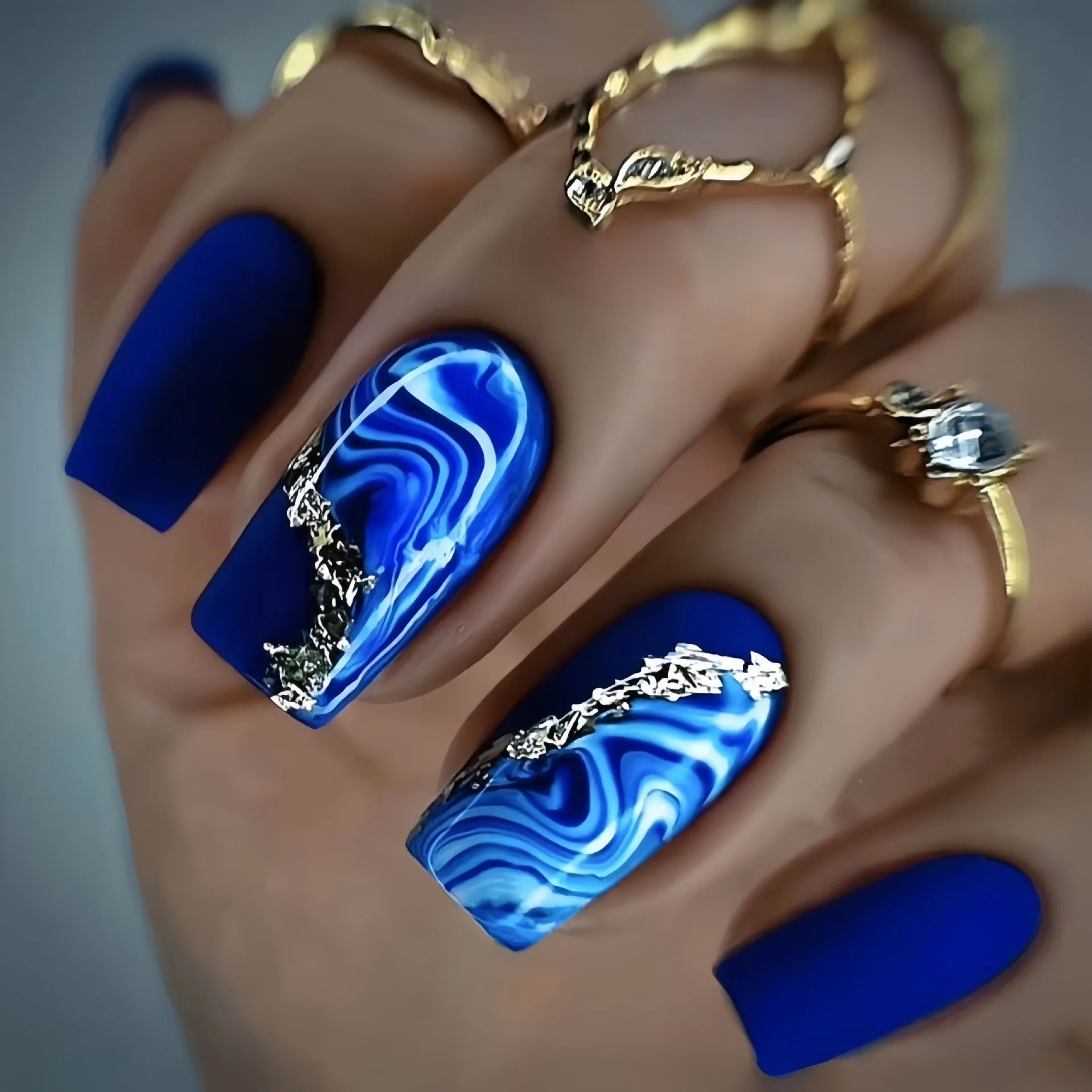 24pcs/set short Medium quare Glossy Ballerina Fake Nails jellyfish blue sea wave flowers geometric design press on false nails