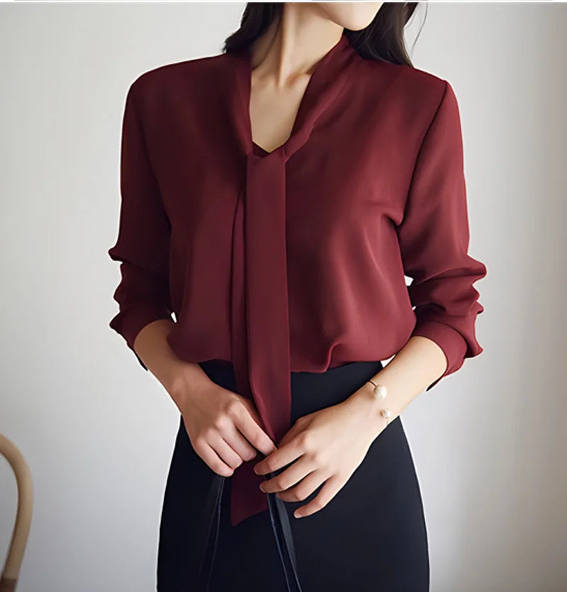 한국인 리뷰 많은 옷 Women Blouse Shirts Korean Fashion Office Autumn Long Sleeve Tie Bow Chiffon Turtleneck Formal Shirts E335-8152jiuhong