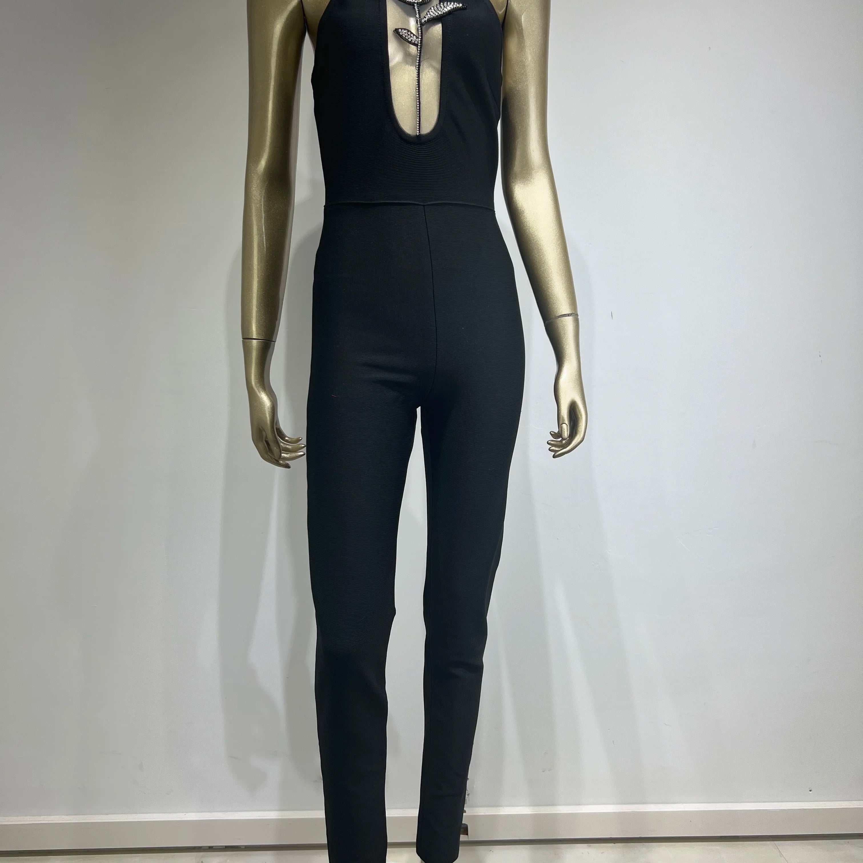 Women Luxury Sexy Sleeveless Mesh Diamonds Flower Black Bodycon Bandage Jumpsuit 2024 Celebrity Designer High Street Rompers