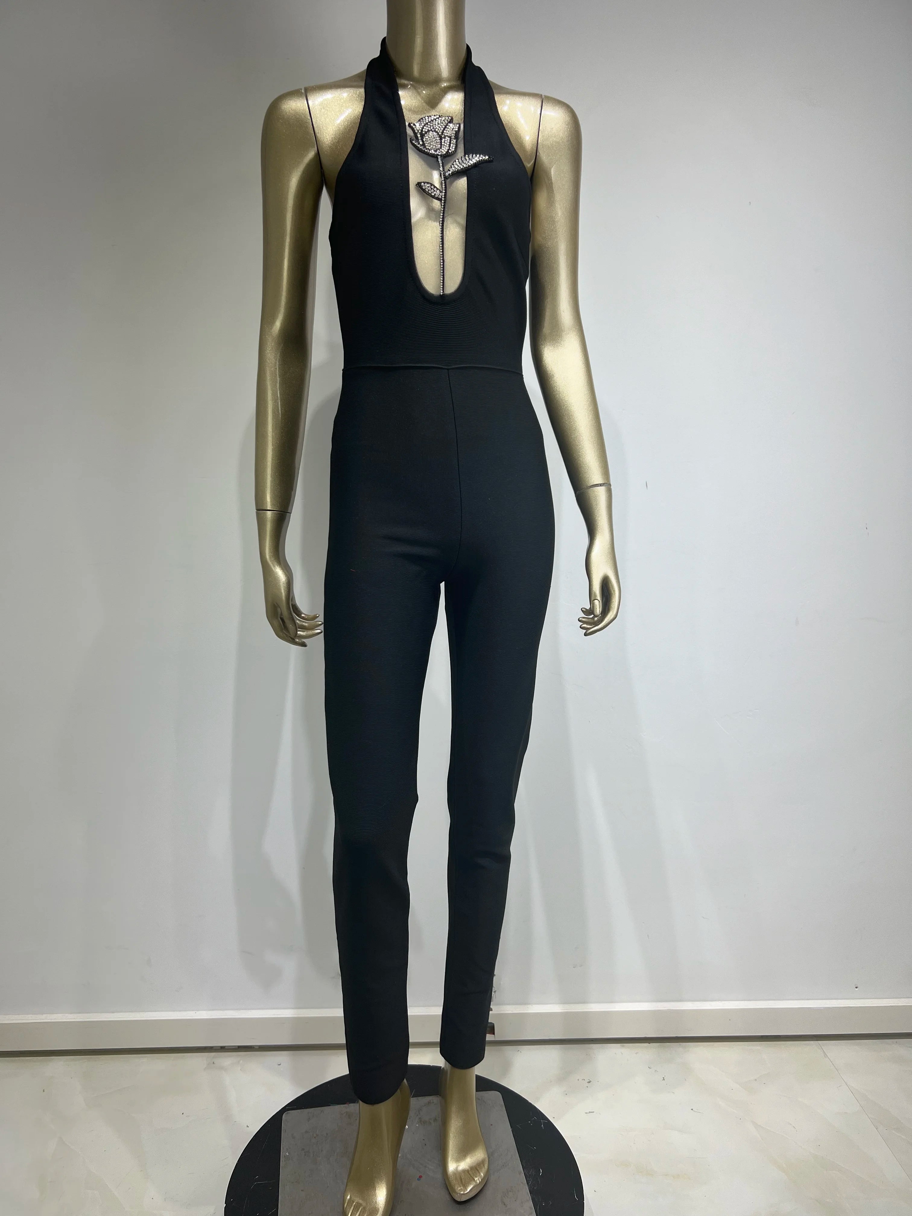 Women Luxury Sexy Sleeveless Mesh Diamonds Flower Black Bodycon Bandage Jumpsuit 2024 Celebrity Designer High Street Rompers