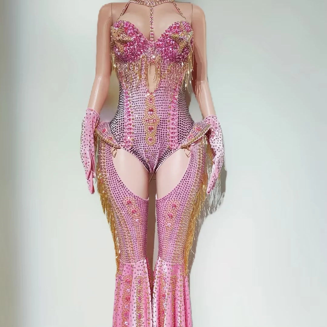 Women Sparkly Rhinestone Bodysuit 4Pieces Set Night Party Cowboy Show Outfit Cabaret Carnival Showgirl Sexy Jumpsuit Hongding