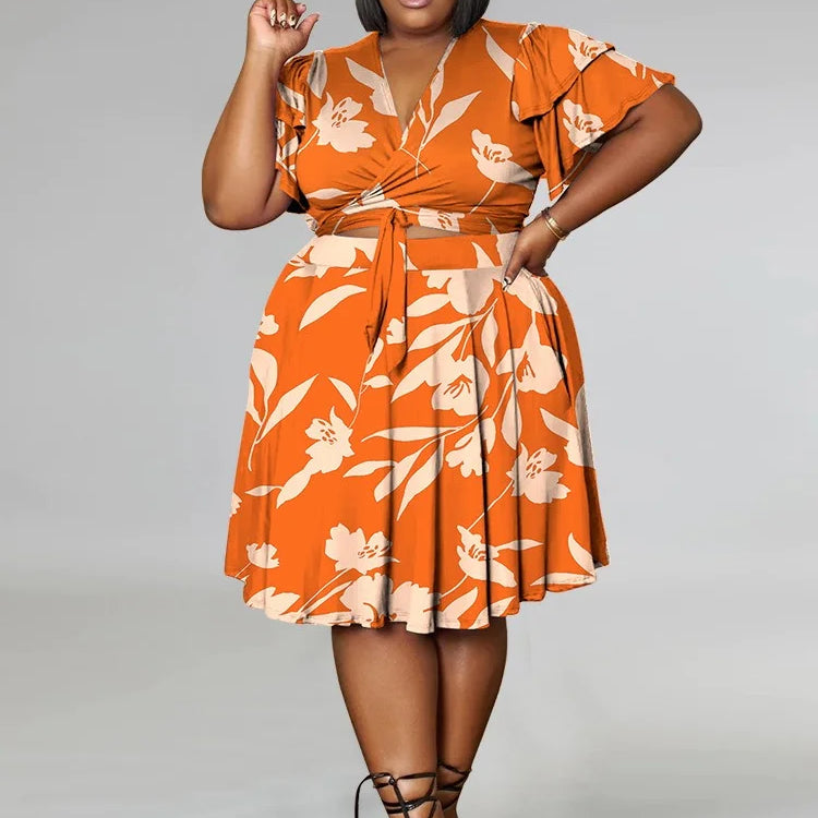 Wmstar Plus Size Shorts Sets Casual V Neck  Crop Top and Short Skirts Two Piece Women Matching Outfits Wholesale Dropshipping