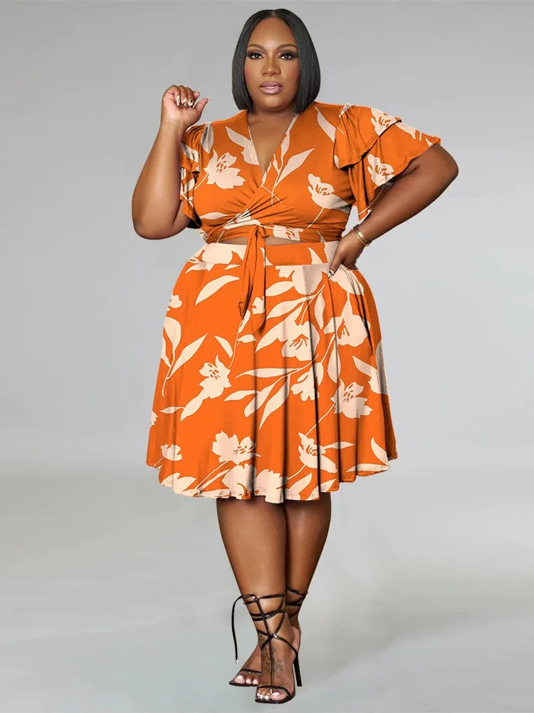 Wmstar Plus Size Shorts Sets Casual V Neck  Crop Top and Short Skirts Two Piece Women Matching Outfits Wholesale Dropshipping