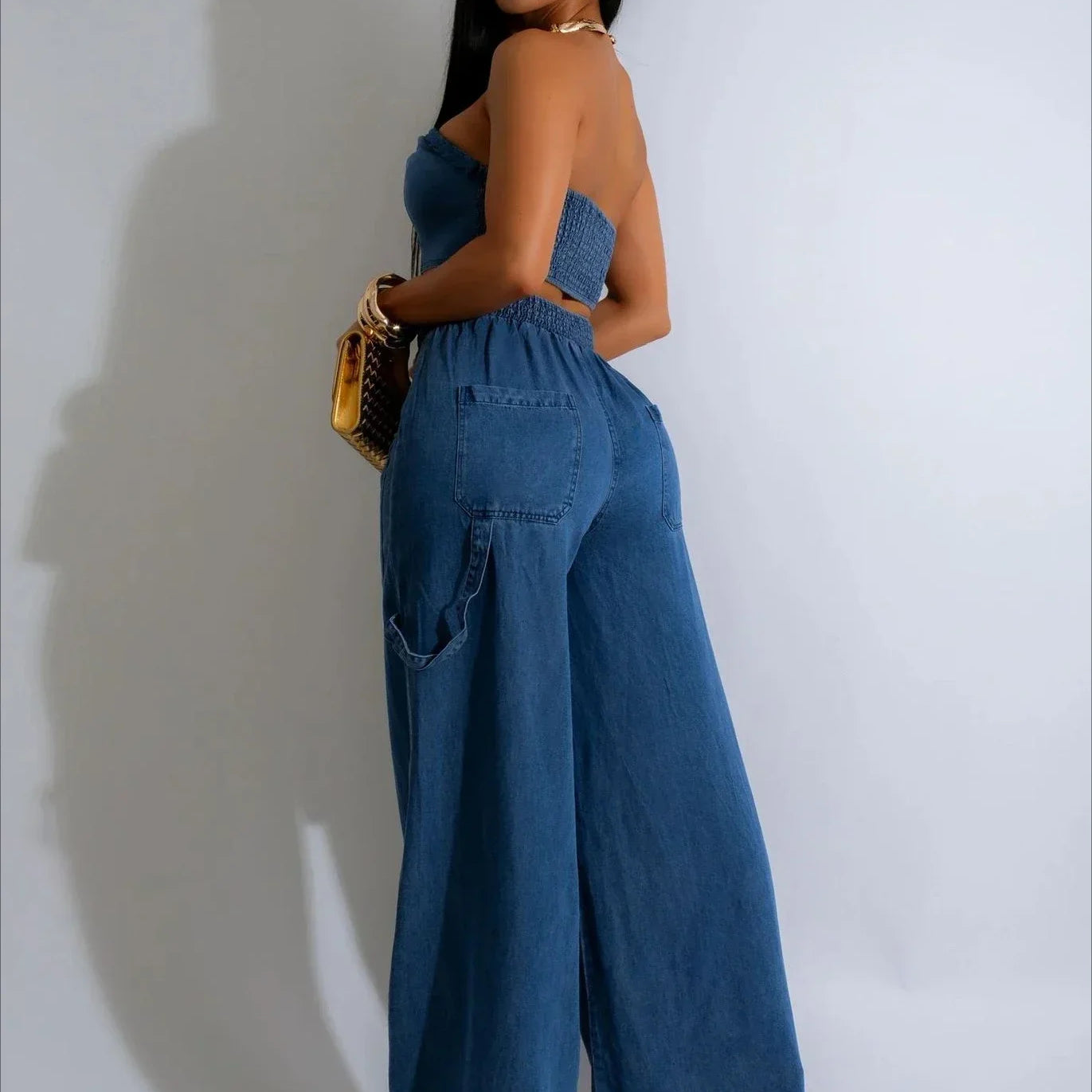 CM.YAYA Fashion Denim Women's Set Strapless Crop Top and Wide Leg Jeans Pants Suit 2024 Street Two 2 Piece Sets Outfit Tracksuit