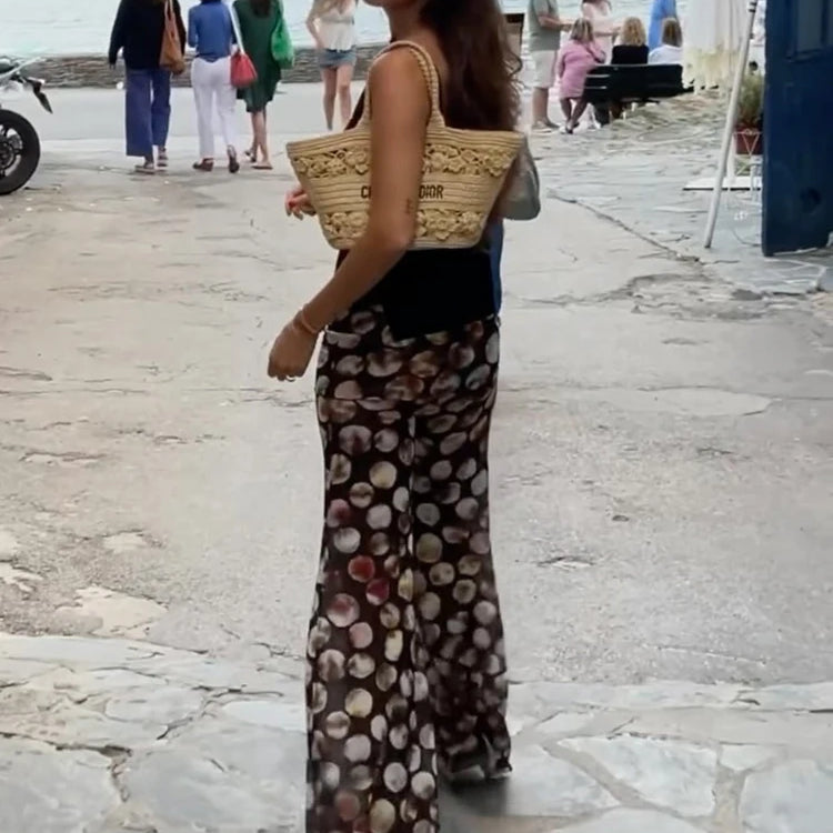 Calças de malha com estampa de leopardo femininas, moda feminina, cintura alta, estampa, pernas largas, calças compridas elegantes estampadas