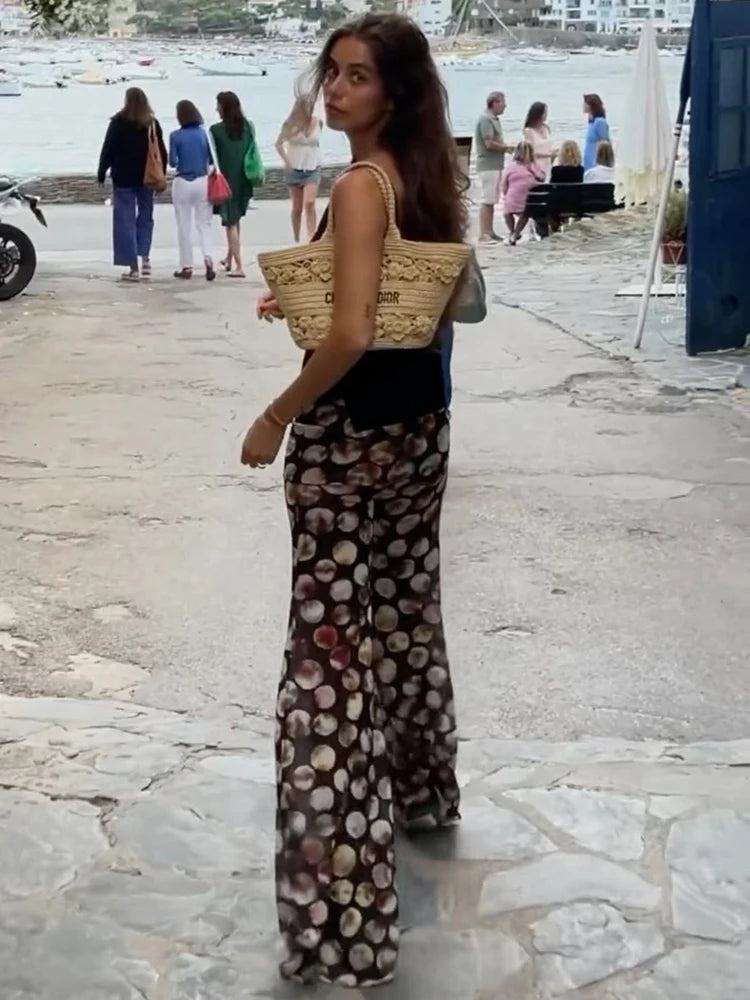 Calças de malha com estampa de leopardo femininas, moda feminina, cintura alta, estampa, pernas largas, calças compridas elegantes estampadas