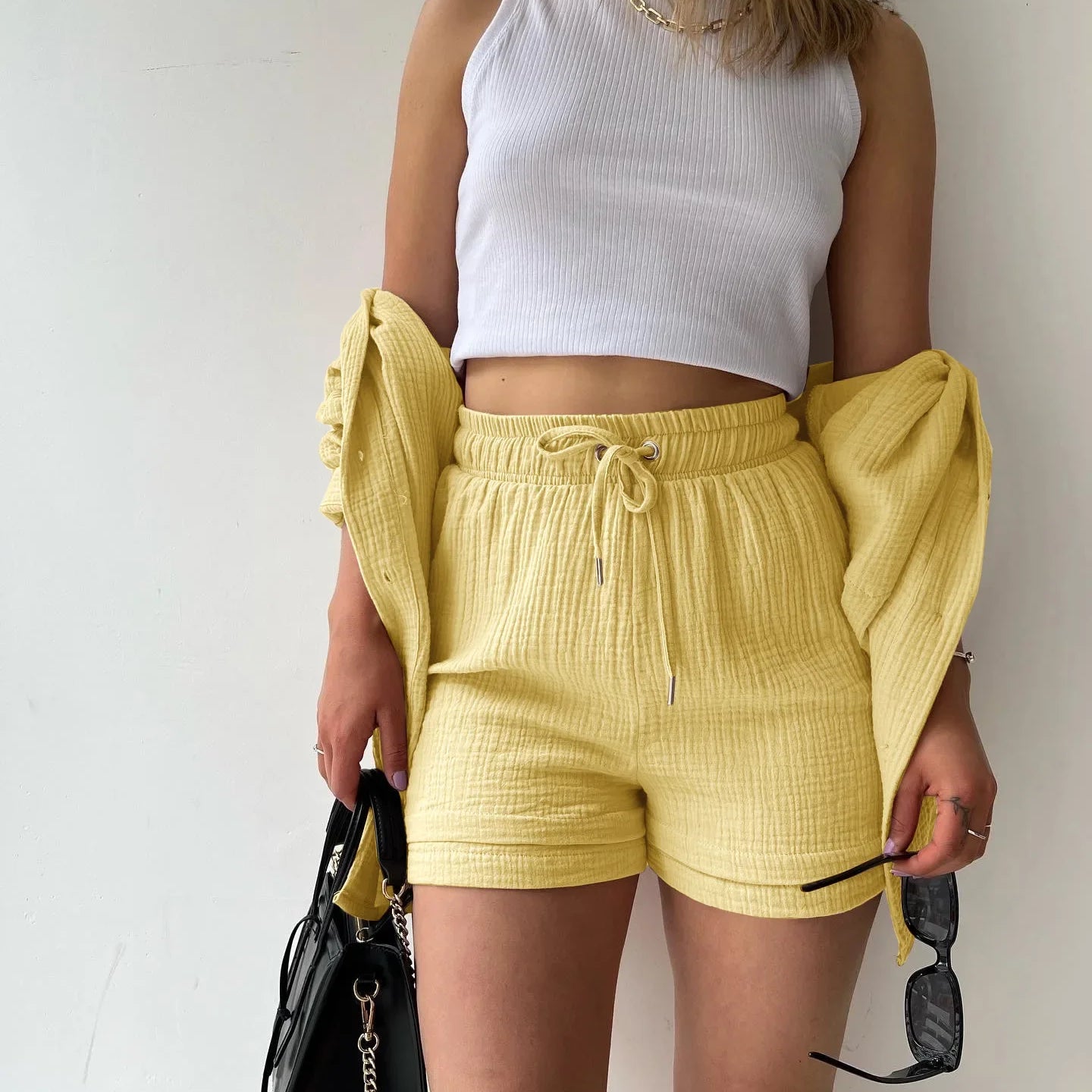 2 Piece Casual Sleepwear Cotton Pajamas for Women Turn-Down Collar Sleep Tops Suits with Shorts Gauze Cardigan Homewear Summer Yellow