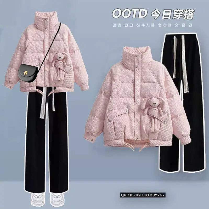Korean Style Loose and Thickened Cotton Jacket Price Casual Wide Leg Pants Two-piece Elegant Women's Pants Set Winter Outfits pink set