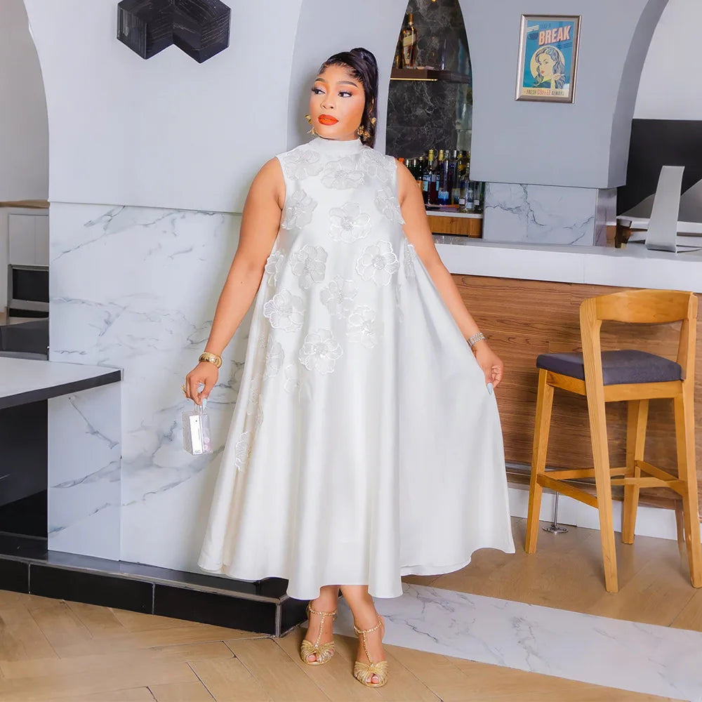 CM.YAYA Elegant Women Sleeveless Loose 3D Flower O-neck Dress 2025 Summer Bodycon African Street Midi Maxi Long Dresses Vestidos