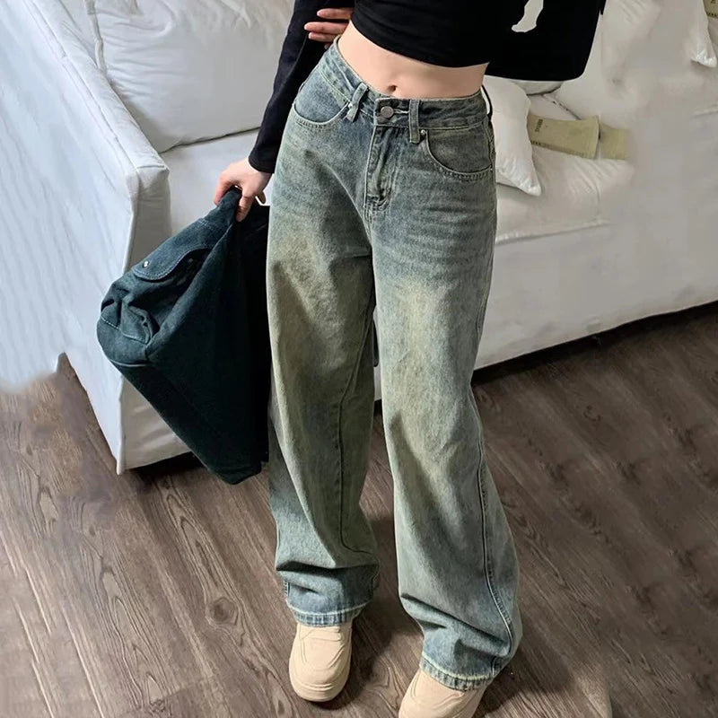 Vintage High Waist Straight Jeans Women 2024 Spring Wide Leg Cargo Pants Woman Streetwear Chic Loose Denim Trousers Mujer