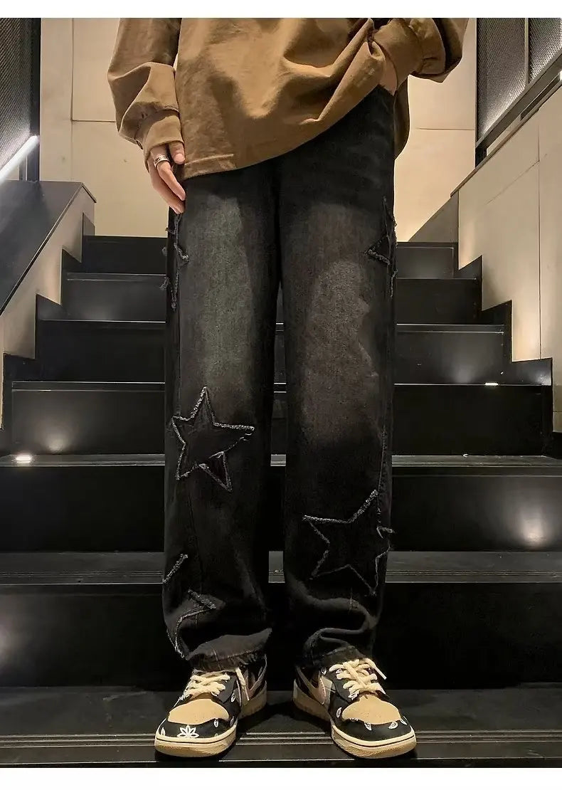 Y2K Vintage Men Korean Blue Streetwear Oversize Star Aesthetic Straight Trousers Wide Leg Jeans Grunge Denim Pants Women Clothes Black