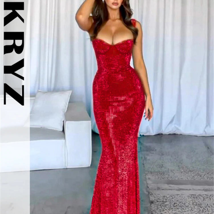 Ladies Sequins Sling Low Cut Evening Dress Women Sleeveless Backless Tight Fitting Maxi Dresses Female Evening Party Outfits