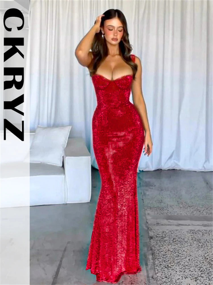 Ladies Sequins Sling Low Cut Evening Dress Women Sleeveless Backless Tight Fitting Maxi Dresses Female Evening Party Outfits