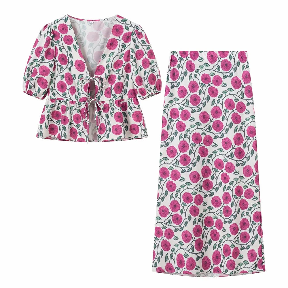 Zach Ailsa Summer New Women's Fashion Versatile V-neck Short sleeved Printed Shirt High Waist Wrap Hip Skirt Set red 1