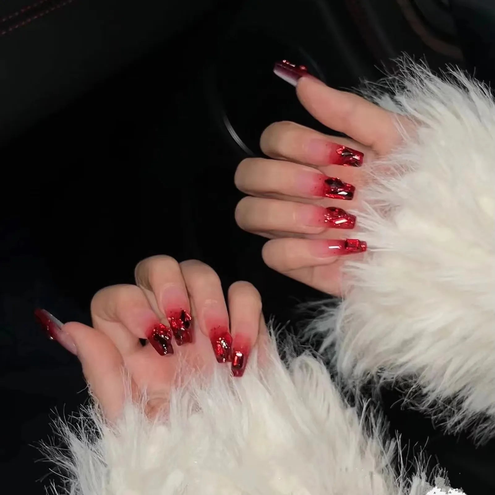 24Pcs Red Fake Nails with 3D White Flower Design Mid Length Coffin Press on Nails Wearable Korean Sweet Flower False Nails