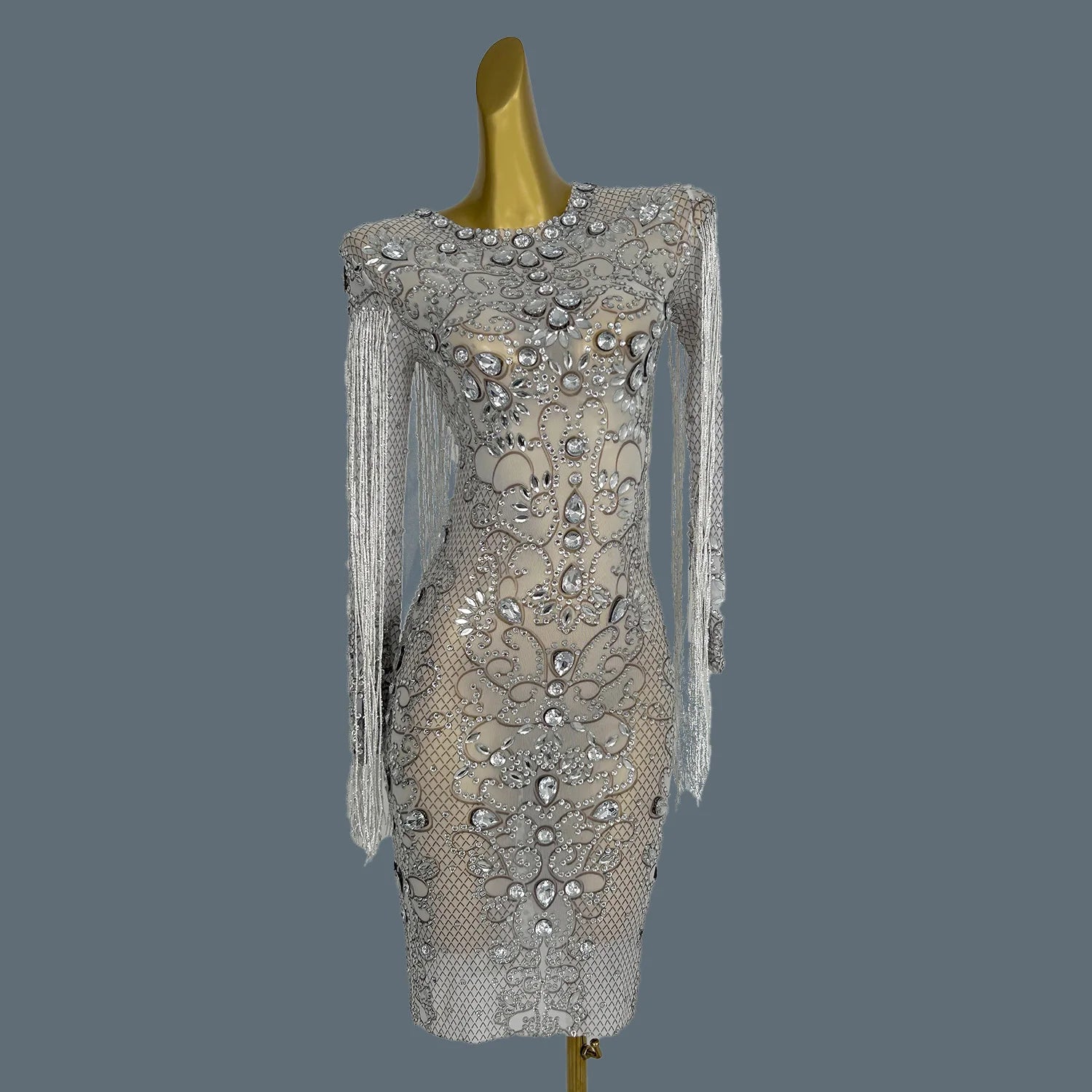 Women Sparkly Diamonds Fringes Short Dresses Evening Prom Celebrate Dress Sexy Mesh Singer Dance Show Stage Wear Hualan