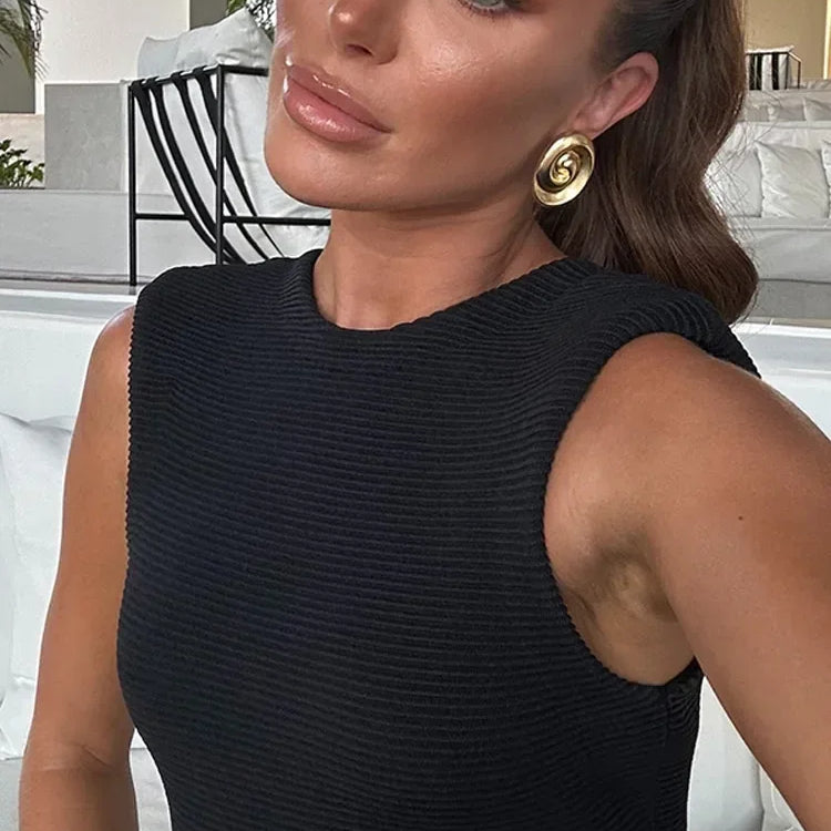 Fashion Knitted Tassels Hem Women Long Dress Elegant O Neck Pad Backless Zipper Sleeveless Slim Maxi Dresses Lady Party Vestidos