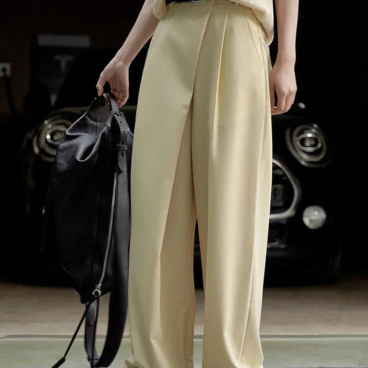 [LANMREM] Minimalism Irregular Pleated Pants Women Solid Straight Wide Leg Pants Korean Style Clothing Spring New 26D2368