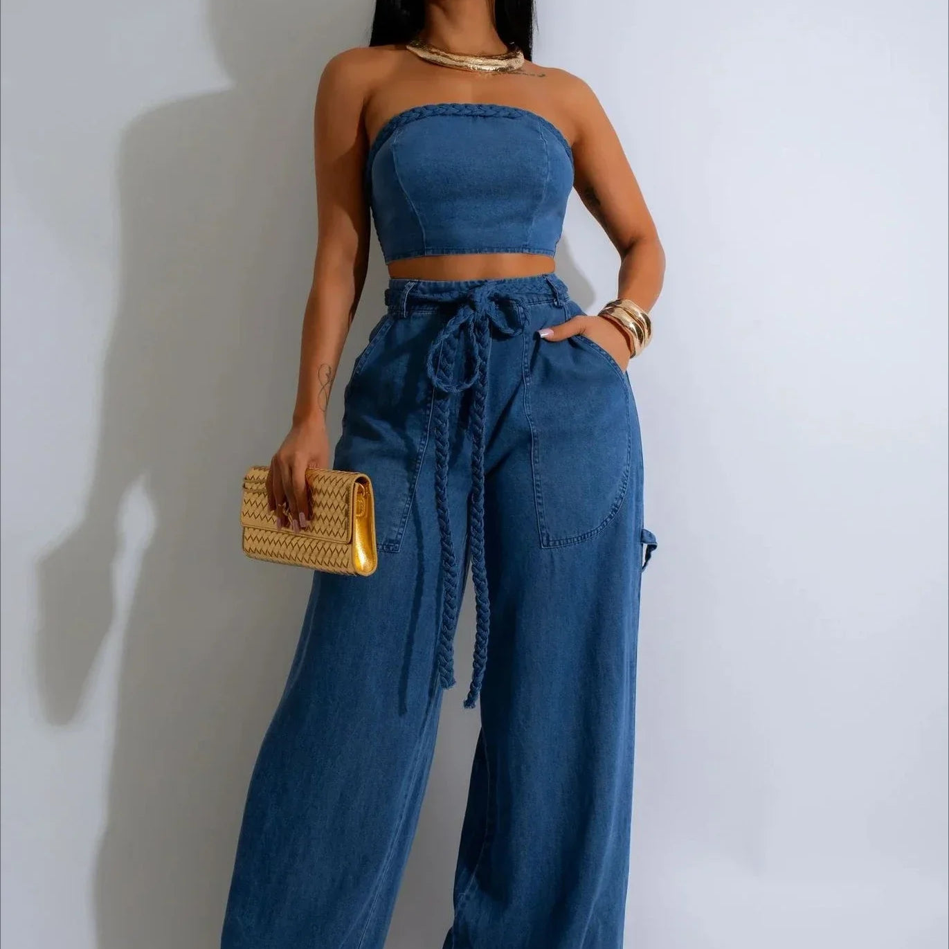 CM.YAYA Fashion Denim Women's Set Strapless Crop Top and Wide Leg Jeans Pants Suit 2024 Street Two 2 Piece Sets Outfit Tracksuit