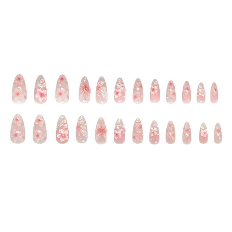 24pcs Pink Flower Press on Nails Ins Sweet Petals Print False Nails for Girl Wearable Reusable Fashion Almond Fake Nail Tips