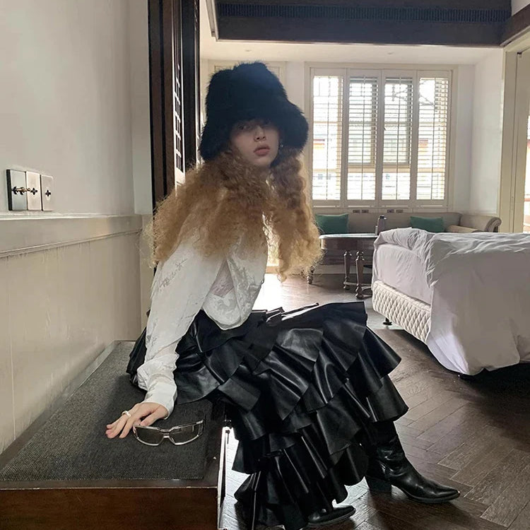 Spring Autumn Black Pu Leather Midi Tiered Skirt Women with Elastic High Waist Long Elegant Luxury Designer Clothes 2023