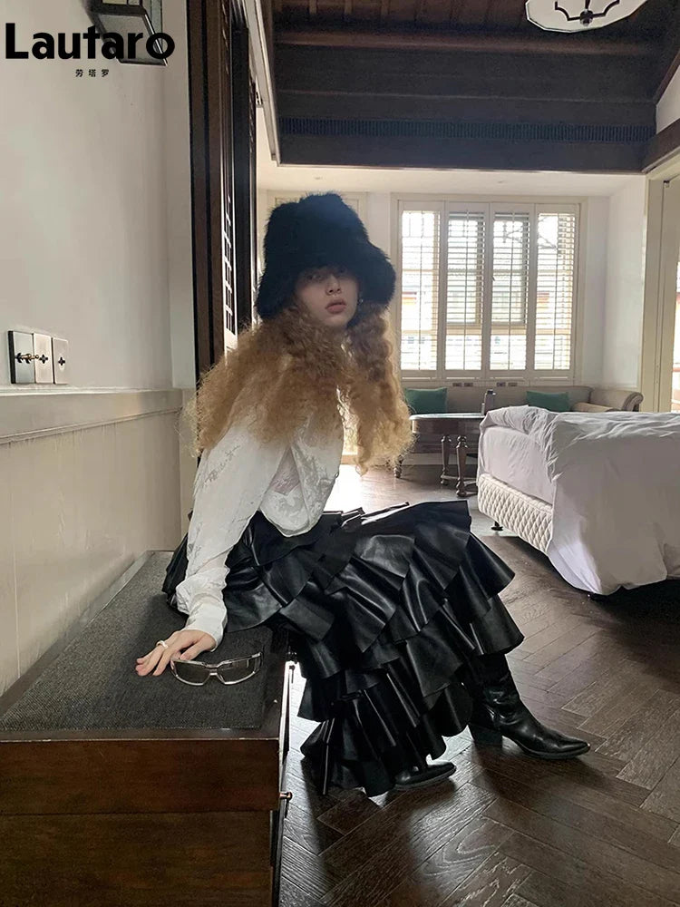 Spring Autumn Black Pu Leather Midi Tiered Skirt Women with Elastic High Waist Long Elegant Luxury Designer Clothes 2023