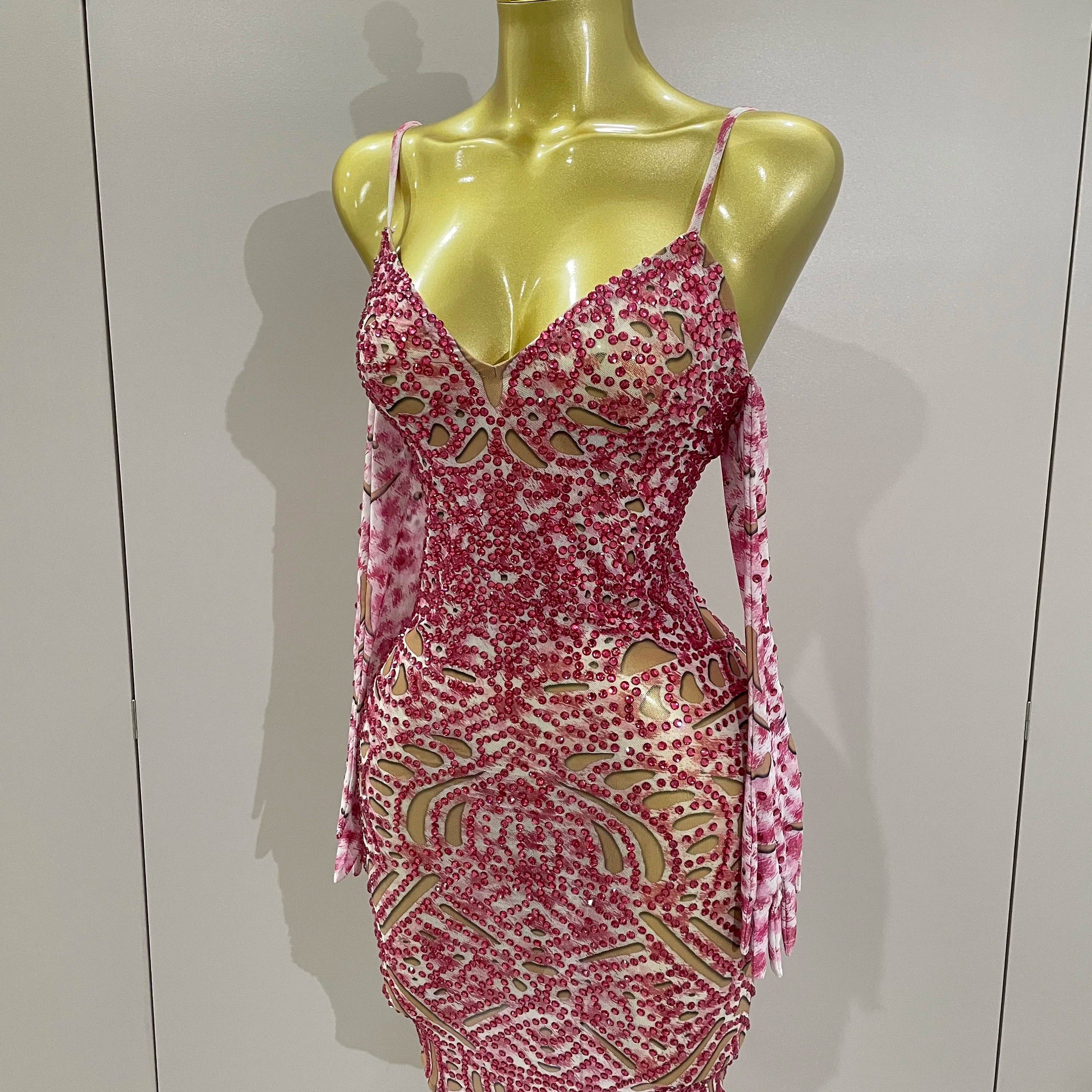 2025 New Sexy Sparkly Rhinestones Mesh Mini Dress With GlovesWomen Evening Birthday Party Celebrate Costume Dancer Stage Wear