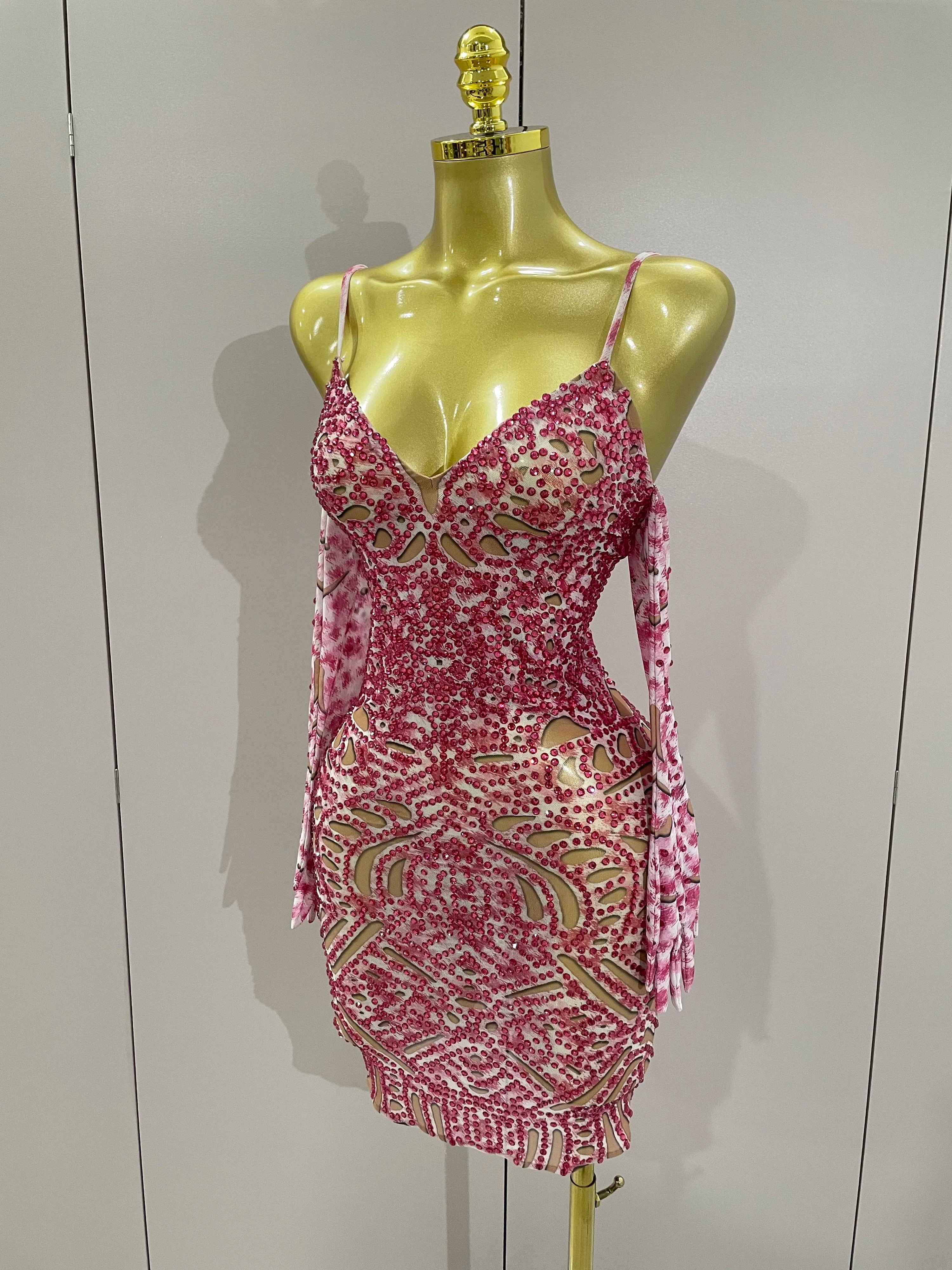 2025 New Sexy Sparkly Rhinestones Mesh Mini Dress With GlovesWomen Evening Birthday Party Celebrate Costume Dancer Stage Wear