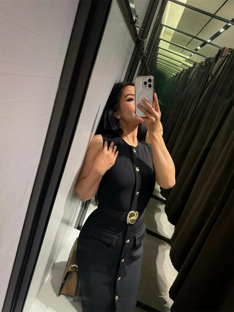 Elegant Split Women 's Maxi Dress O-neck Sleeveless Single Breasted Waist Cinching Pocket Female Dressess Summer Lady Vestidos