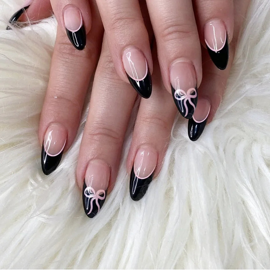 Y2K Girls Fake Nails Black French Tip Almond Press on Nails Pink Bowknot Design Korean Charm False Nail Women DIY Manicure 24Pcs