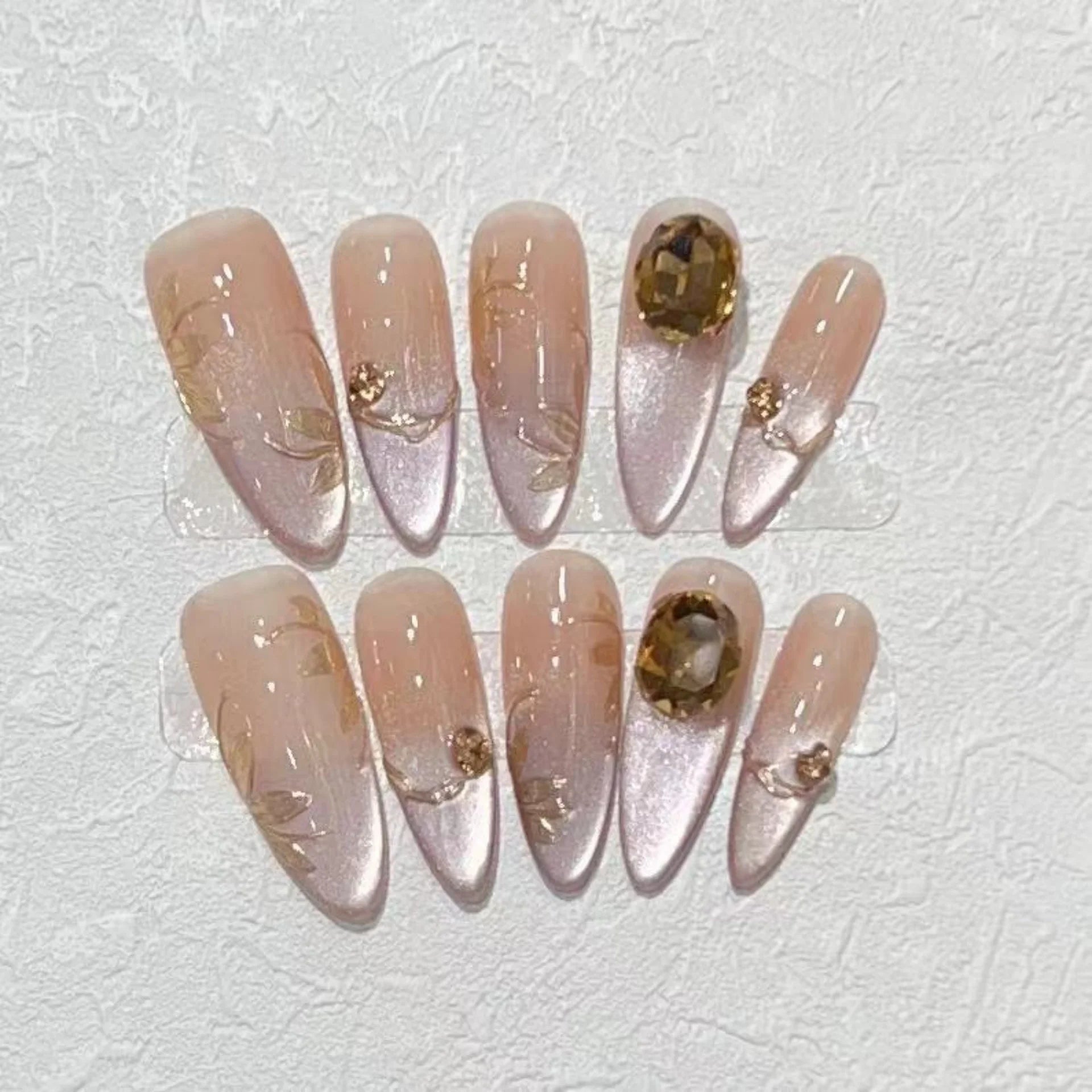 10pcs Cat's Eye French Handmade Fake Nail Art Simple Flower Diamond Design Long Almond False Nails Tips Reusable Press on Nails