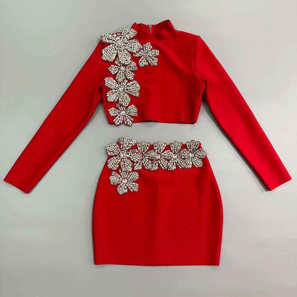 Women's Heavy Industry Nail Bead Flower Short Skirt Set High Collar Long Sleeve Tight Ultra Short Top+Mini Skirt Two Piece Set