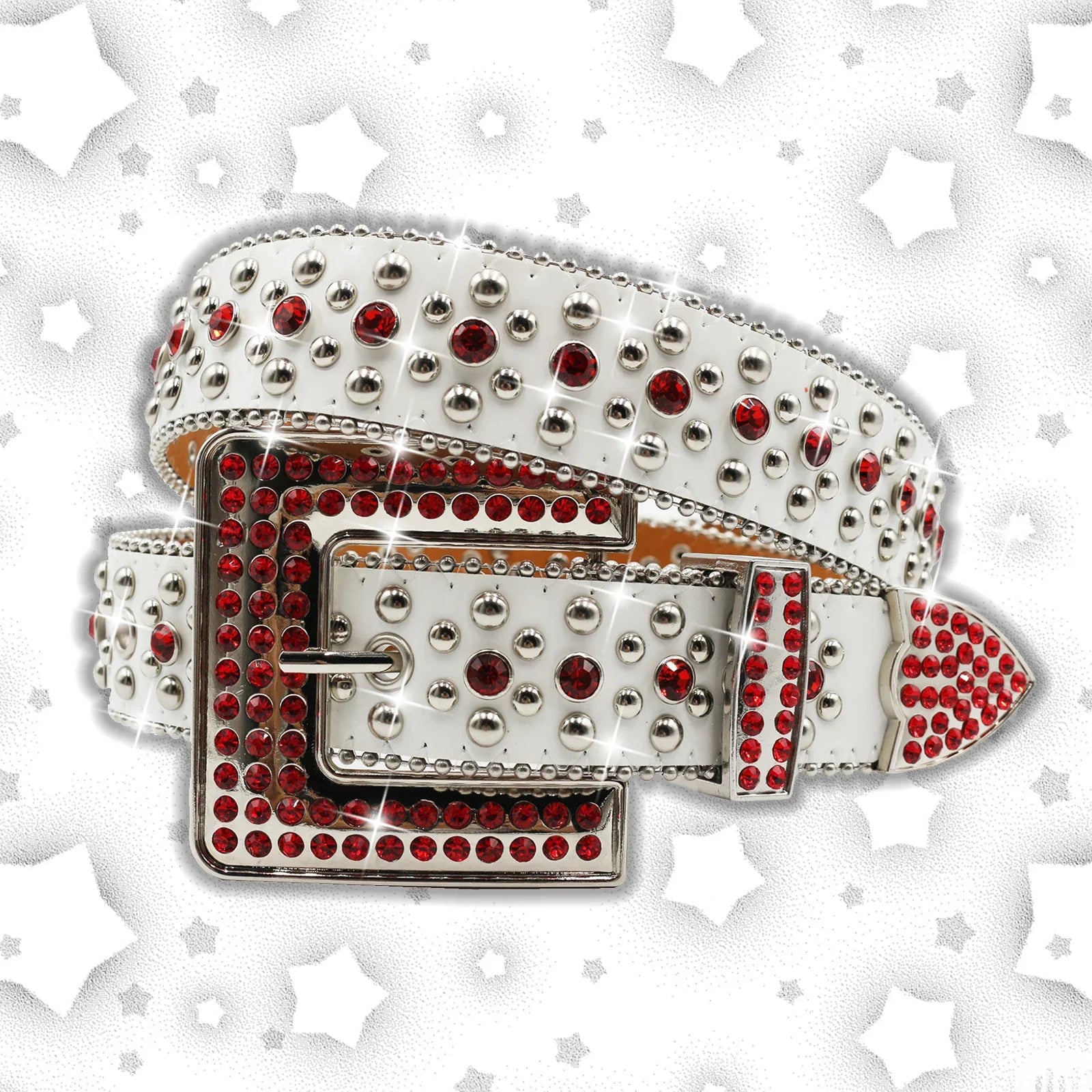 Vintage Dark Rhinestone Rivet Belt for Women Sequin Punk Hip Hop Jeans Accessories Luxury Designer bb Belt Beautiful FK-MD-White red