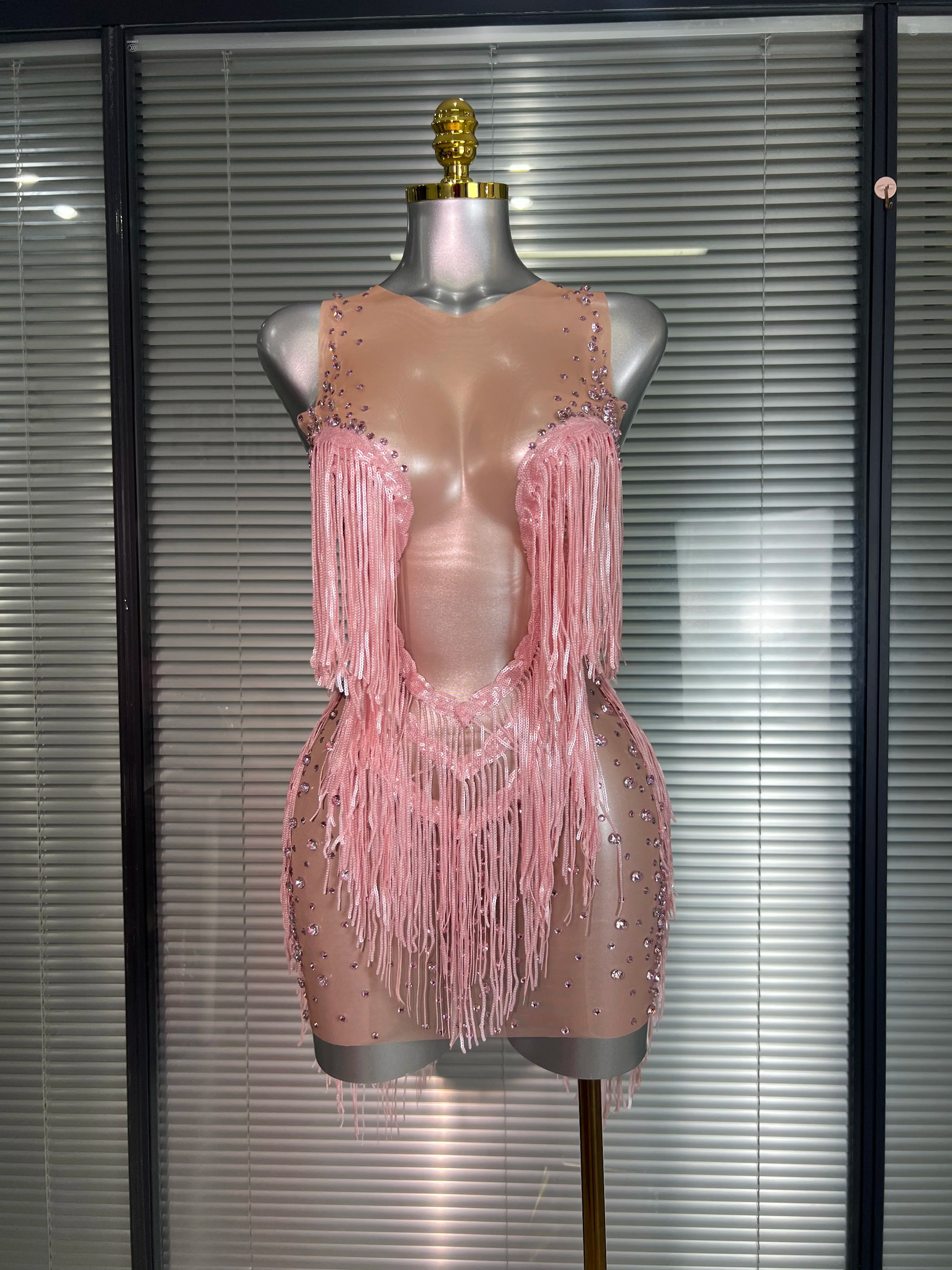 Celebrity New Women Sexy Mesh Sheer Crystal Stage Costume Stage Dancer Night Club Tank Mini Party Dress Coat 2 Pieces Set