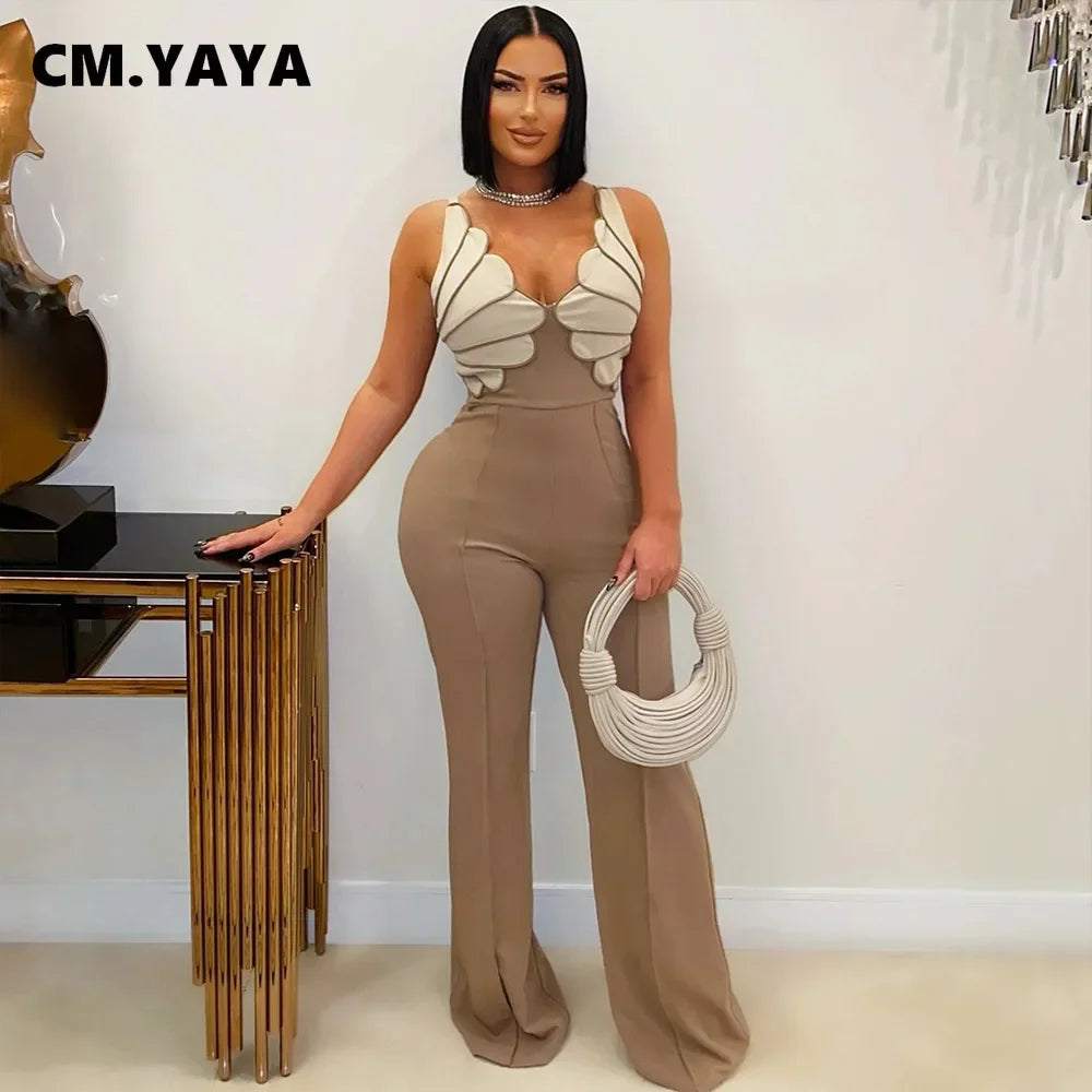 CM.YAYA Women V-Neck Backless Wide Leg Straight Sleeveless Jumpsuits 2025 Spring Patchwork Sexy One Piece Set Streetwear Outfits